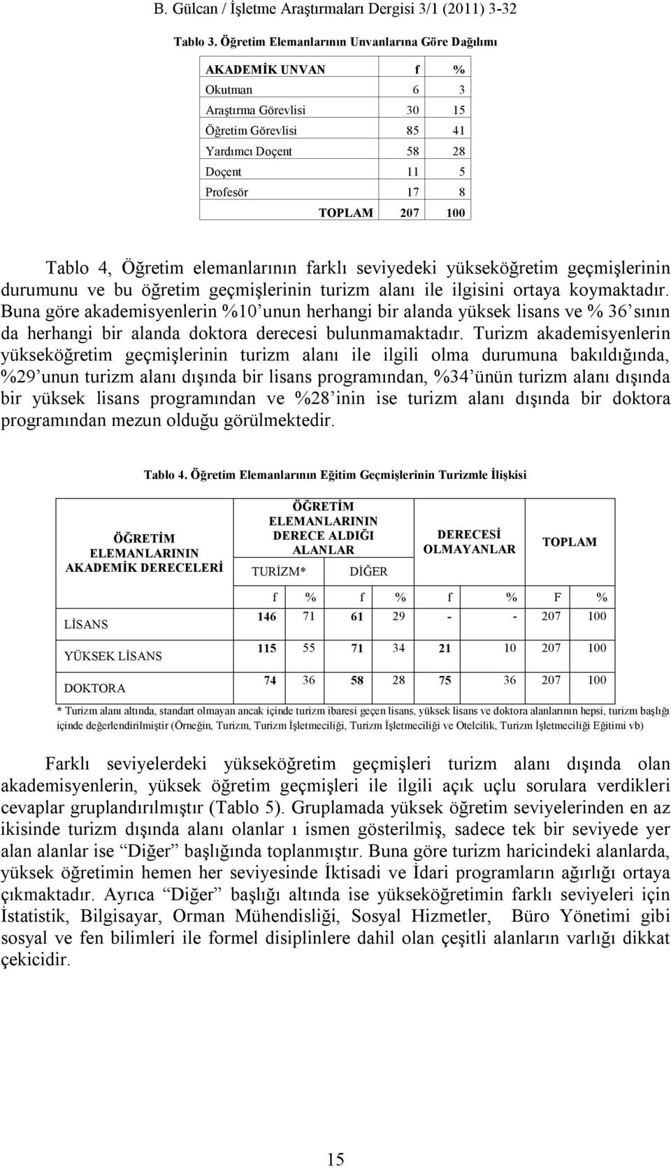 4, Öğretim elemanlarının farklı seviyedeki yükseköğretim geçmişlerinin durumunu ve bu öğretim geçmişlerinin turizm alanı ile ilgisini ortaya koymaktadır.