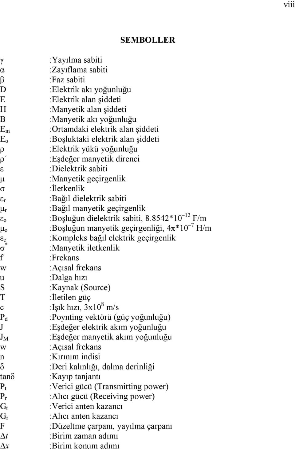 854*0 Fm μ o :Boşluğu mae geçrgelğ 4π*0 7 m ε c :Komples bağıl eler geçrgel σ * :Mae leel f :Freas w :Açısal freas u :Dalga hıı S :Kaa (Source) T :İlele güç c :Işı hıı 30 8 ms P d :Pog veörü (güç