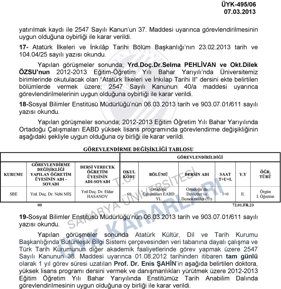 Dilek ÖZSU nun 2012-2013 Eğitim-Öğretim Yılı Bahar Yarıyılı nda Üniversitemiz birimlerinde okutulacak olan Atatürk İlkeleri ve İnkılap Tarihi II dersini ekte belirtilen bölümlerde vermek üzere; 2547