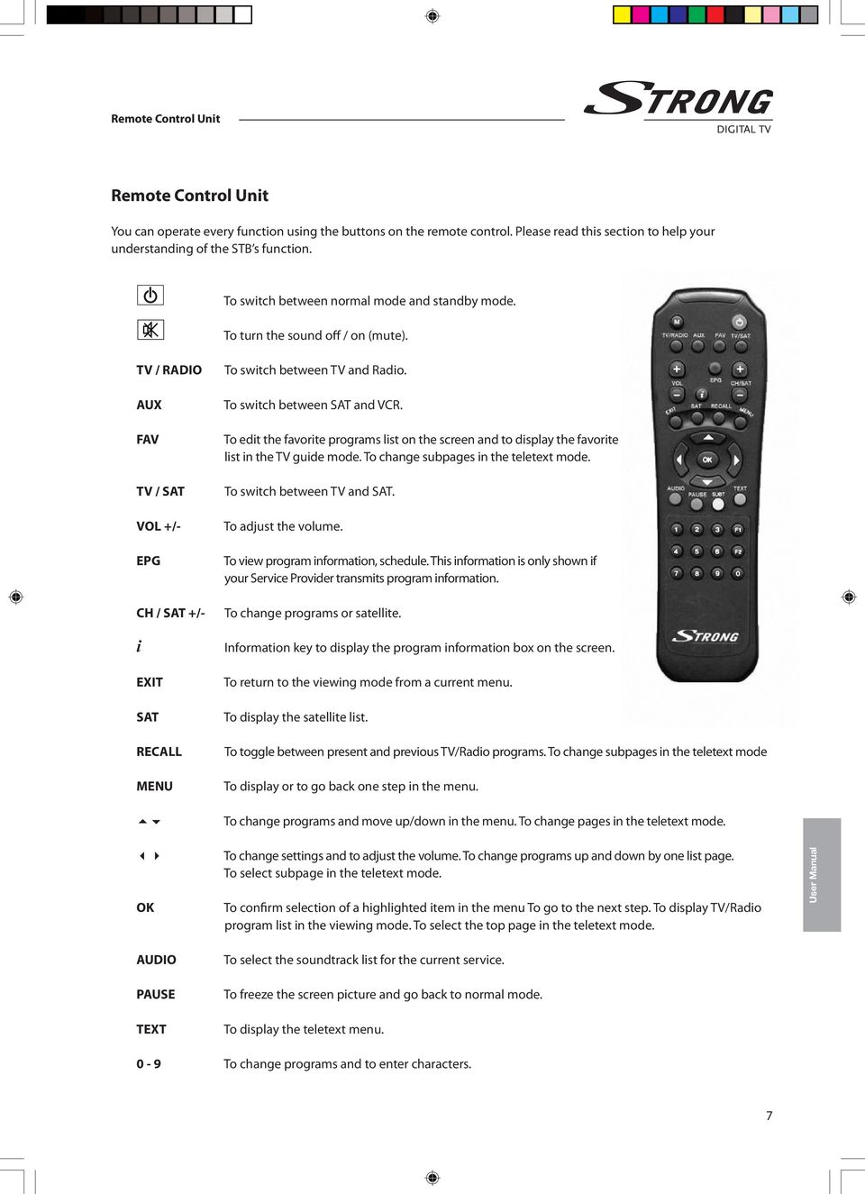 To switch between SAT and VCR. To edit the favorite programs list on the screen and to display the favorite list in the TV guide mode. To change subpages in the teletext mode.