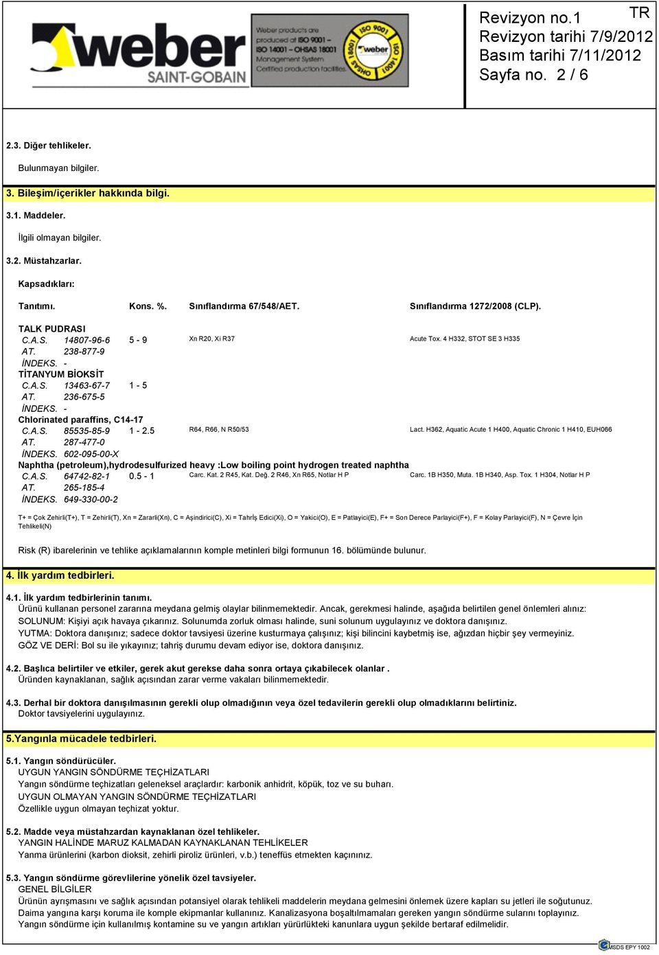 - Chlorinated paraffins, C14-17 C.A.S. 85535-85-9 1-2.5 R64, R66, N R50/53 Lact. H362, Aquatic Acute 1 H400, Aquatic Chronic 1 H410, EUH066 AT. 287-477-0 İNDEKS.