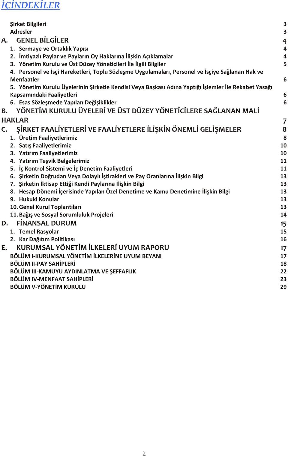 Yönetim Kurulu Üyelerinin Şirketle Kendisi Veya Başkası Adına Yaptığı İşlemler İle Rekabet Yasağı Kapsamındaki Faaliyetleri 6 6. Esas Sözleşmede Yapılan Değişiklikler 6 B.