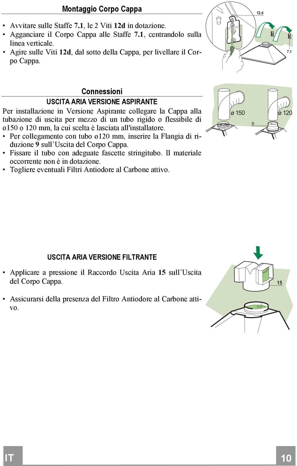 1 Connessioni USCITA ARIA VERSIONE ASPIRANTE Per installazione in Versione Aspirante collegare la Cappa alla tubazione di uscita per mezzo di un tubo rigido o flessibile di ø150 o 120 mm, la cui