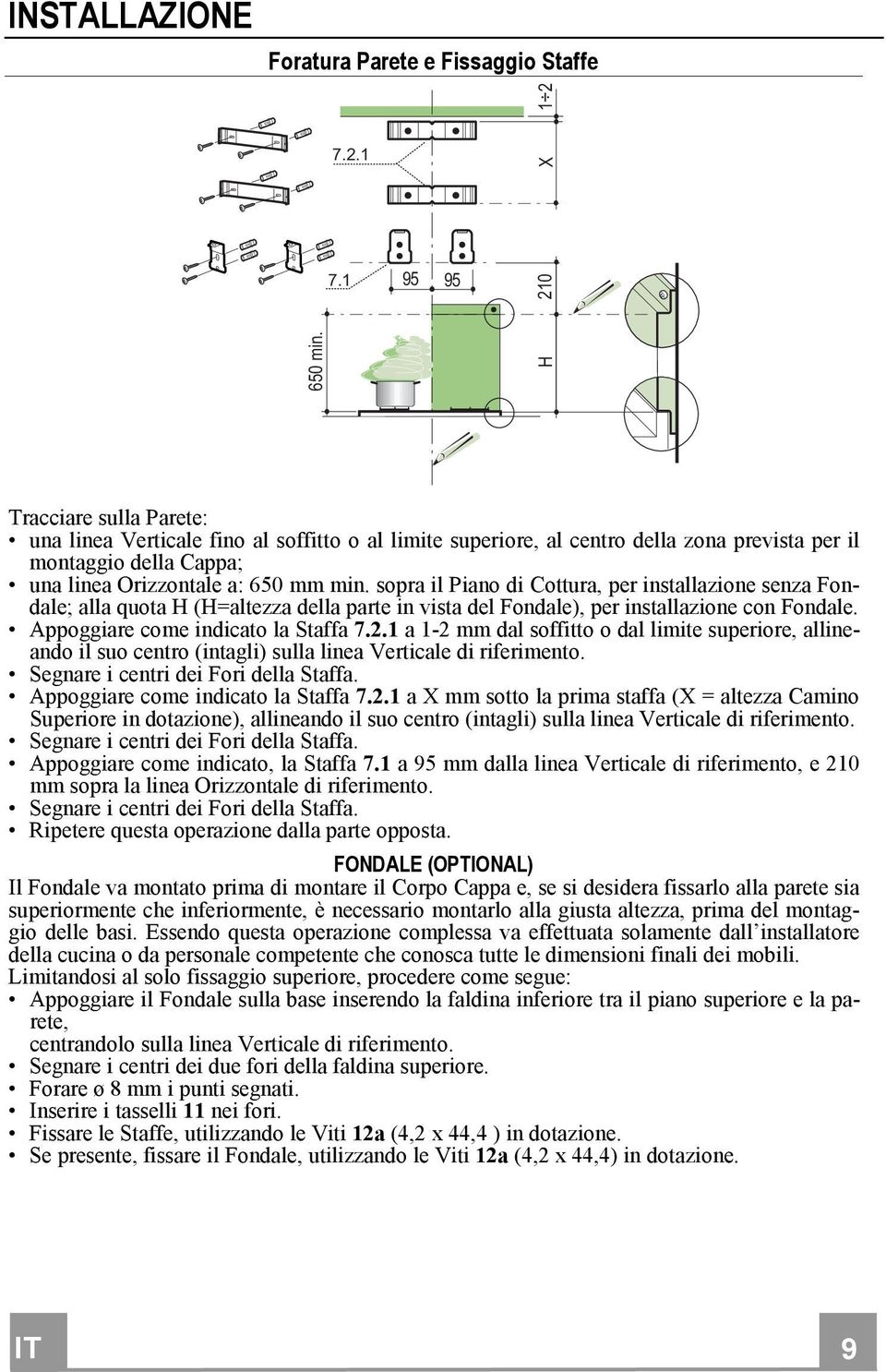 sopra il Piano di Cottura, per installazione senza Fondale; alla quota H (H=altezza della parte in vista del Fondale), per installazione con Fondale. Appoggiare come indicato la Staffa 7.2.