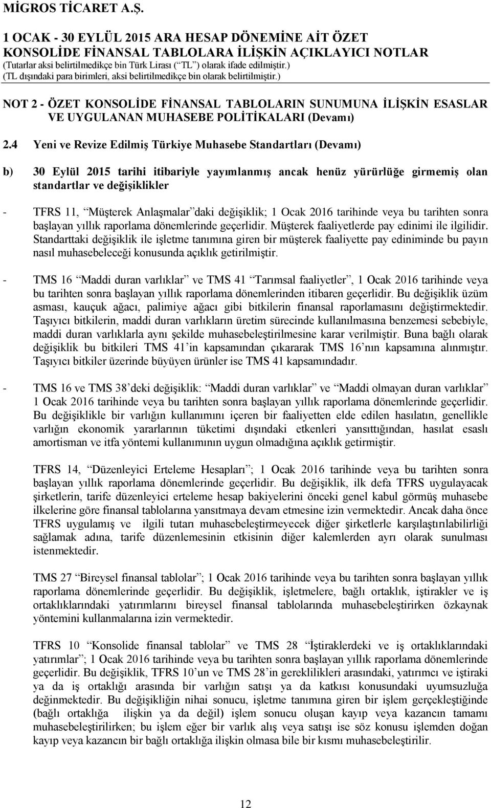 Anlaşmalar daki değişiklik; 1 Ocak 2016 tarihinde veya bu tarihten sonra başlayan yıllık raporlama dönemlerinde geçerlidir. Müşterek faaliyetlerde pay edinimi ile ilgilidir.