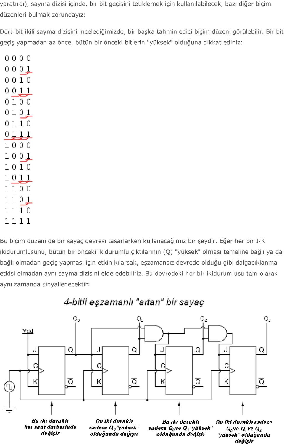 Bir bit geçiş yapmadan az önce, bütün bir önceki bitlerin "yüksek" olduğuna dikkat ediniz: Bu biçim düzeni de bir sayaç devresi tasarlarken kullanacağımız bir şeydir.