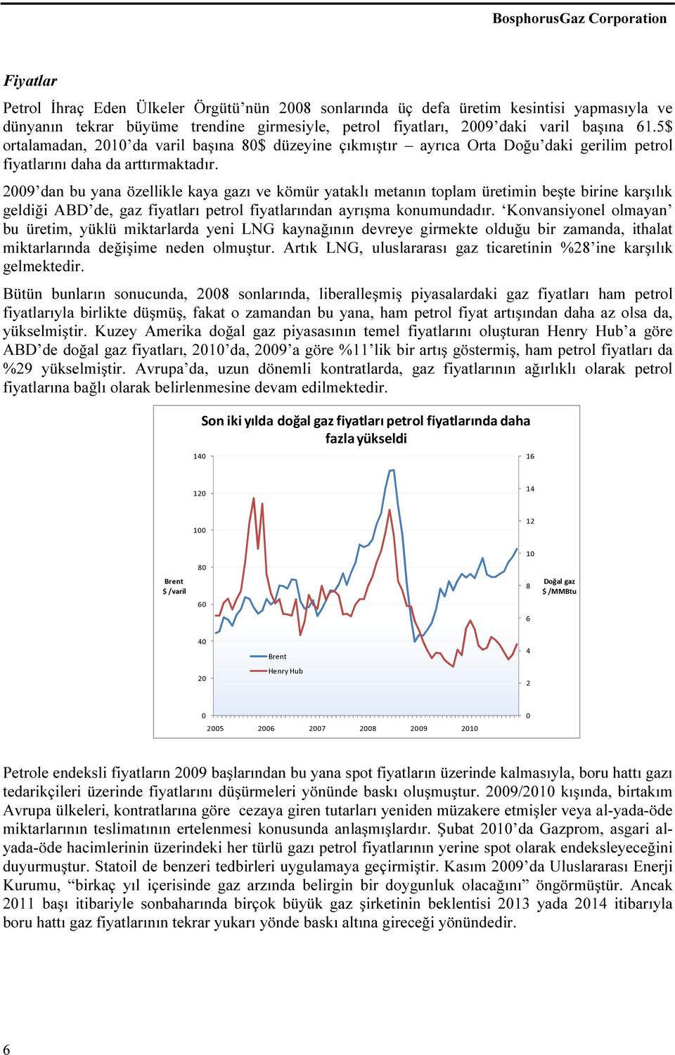 2009 dan bu yana özellikle kaya gazı ve kömür yataklı metanın toplam üretimin beşte birine karşılık geldiği ABD de, gaz fiyatları petrol fiyatlarından ayrışma konumundadır.