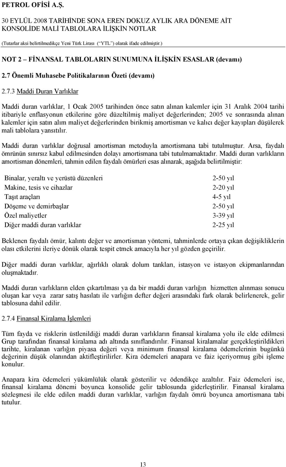 3 Maddi Duran Varlıklar Maddi duran varlıklar, 1 Ocak 2005 tarihinden önce satın alınan kalemler için 31 Aralık 2004 tarihi itibariyle enflasyonun etkilerine göre düzeltilmiş maliyet değerlerinden;