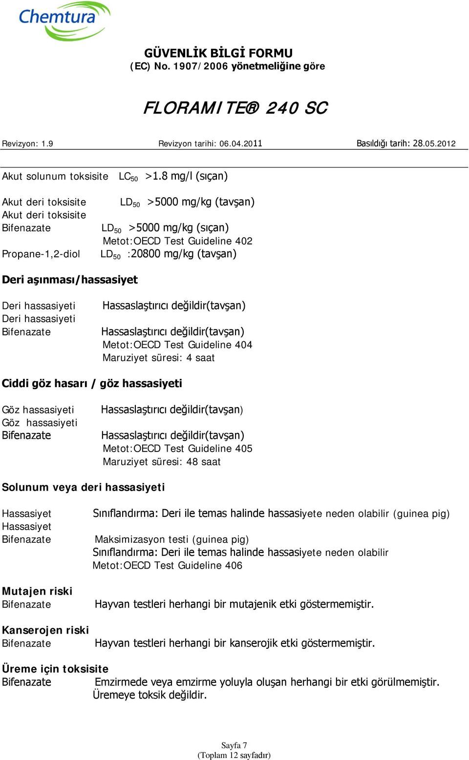 aşınması/hassasiyet Deri hassasiyeti Deri hassasiyeti Hassaslaştırıcı değildir(tavşan) Hassaslaştırıcı değildir(tavşan) Metot:OECD Test Guideline 404 Maruziyet süresi: 4 saat Ciddi göz hasarı / göz