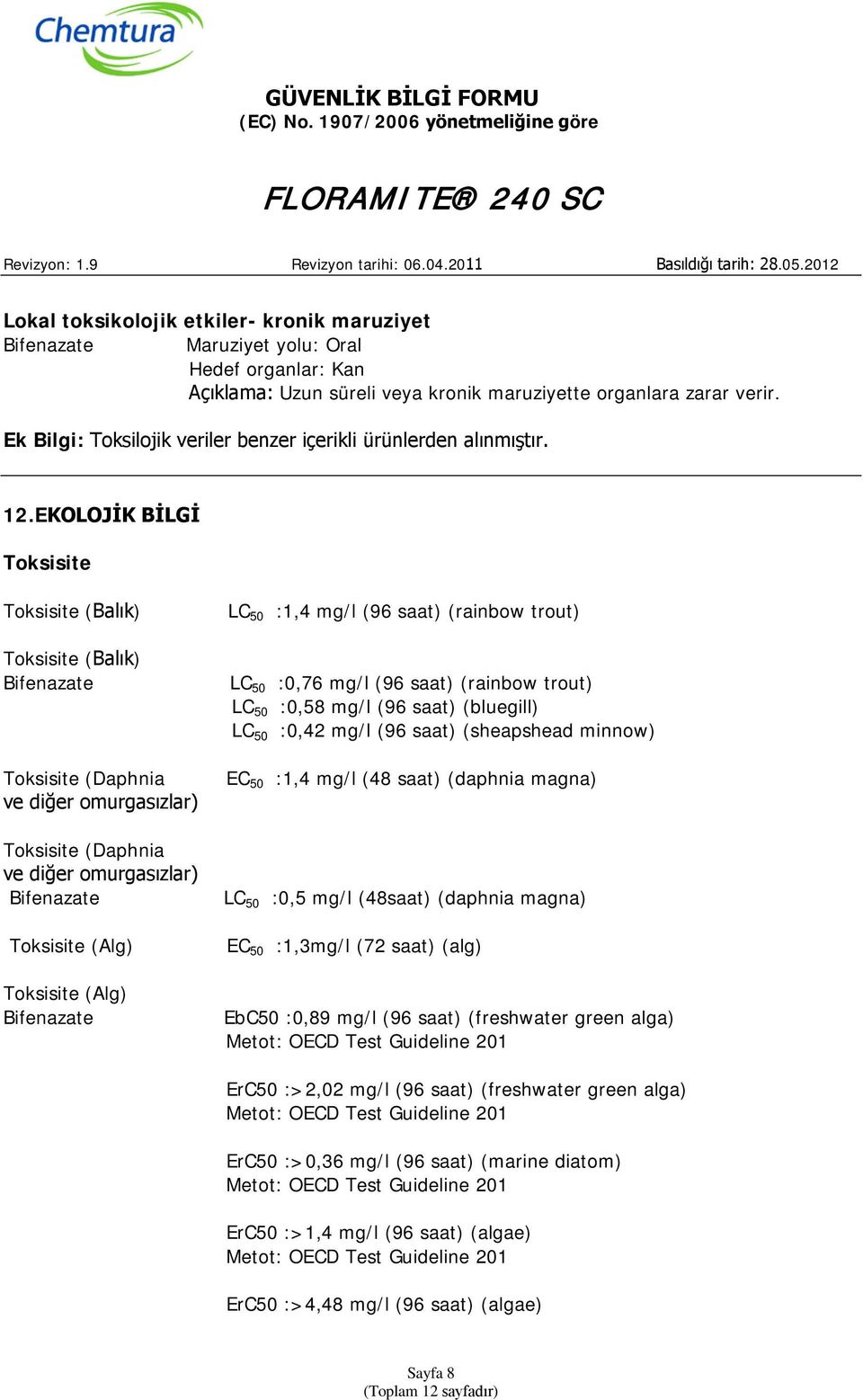 EKOLOJİK BİLGİ Toksisite Toksisite (Balık) Toksisite (Balık) Toksisite (Daphnia ve diğer omurgasızlar) Toksisite (Daphnia ve diğer omurgasızlar) Toksisite (Alg) Toksisite (Alg) LC 50 :1,4 mg/l (96