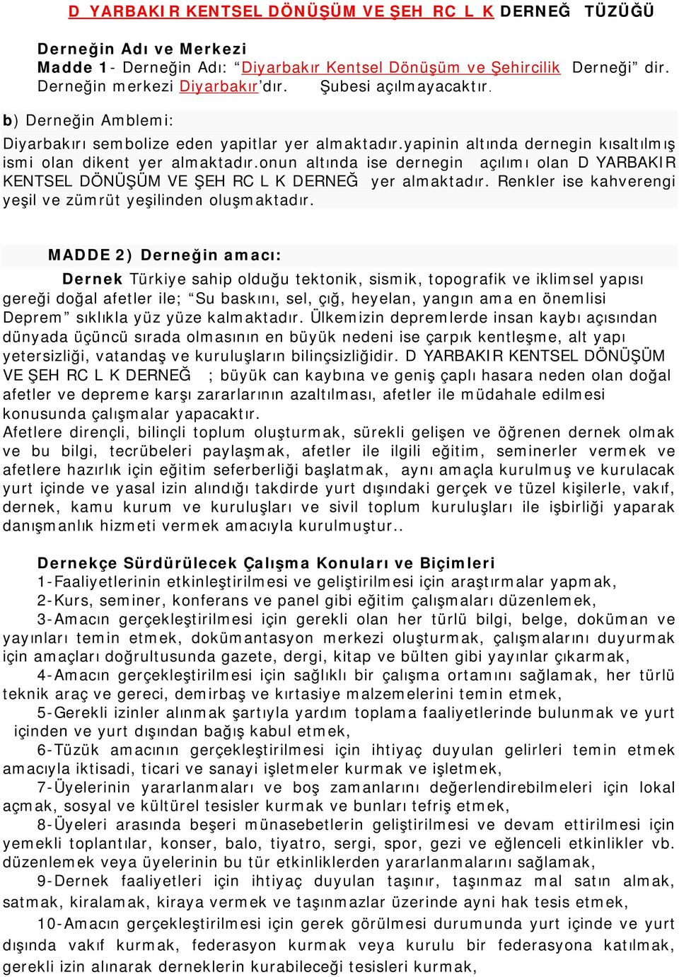 onun altında ise dernegin açılımı olan DİYARBAKIR KENTSEL DÖNÜŞÜM VE ŞEHİRCİLİK DERNEĞİ yer almaktadır. Renkler ise kahverengi yeşil ve zümrüt yeşilinden oluşmaktadır.