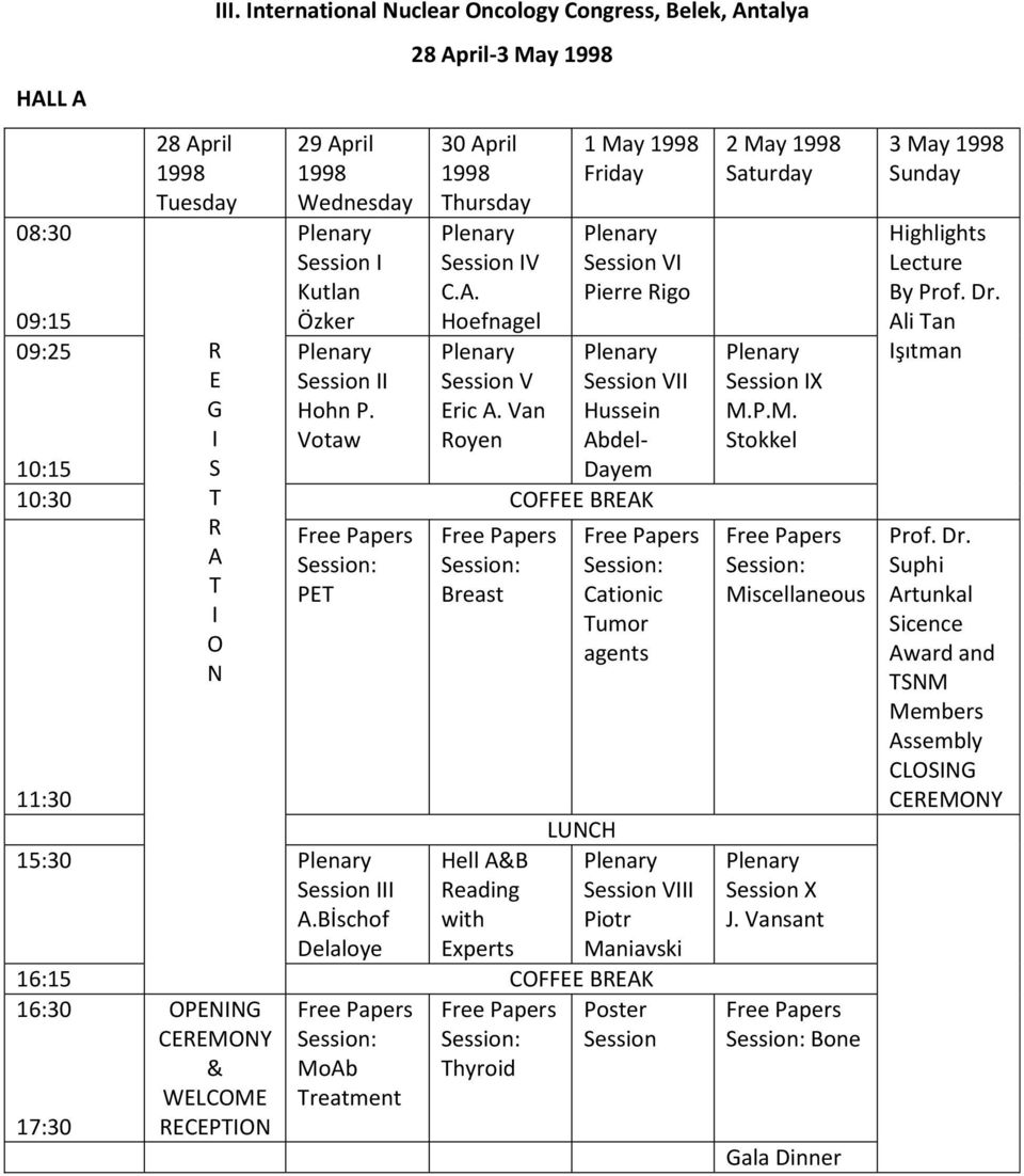 Van Royen 1 May Friday Session VI Pierre Rigo Session VII Hussein Abdel- 10:15 Dayem 10:30 T COFFEE BREAK R Free Papers Free Papers A Session: Session: T PET Breast I O N Free Papers Session: