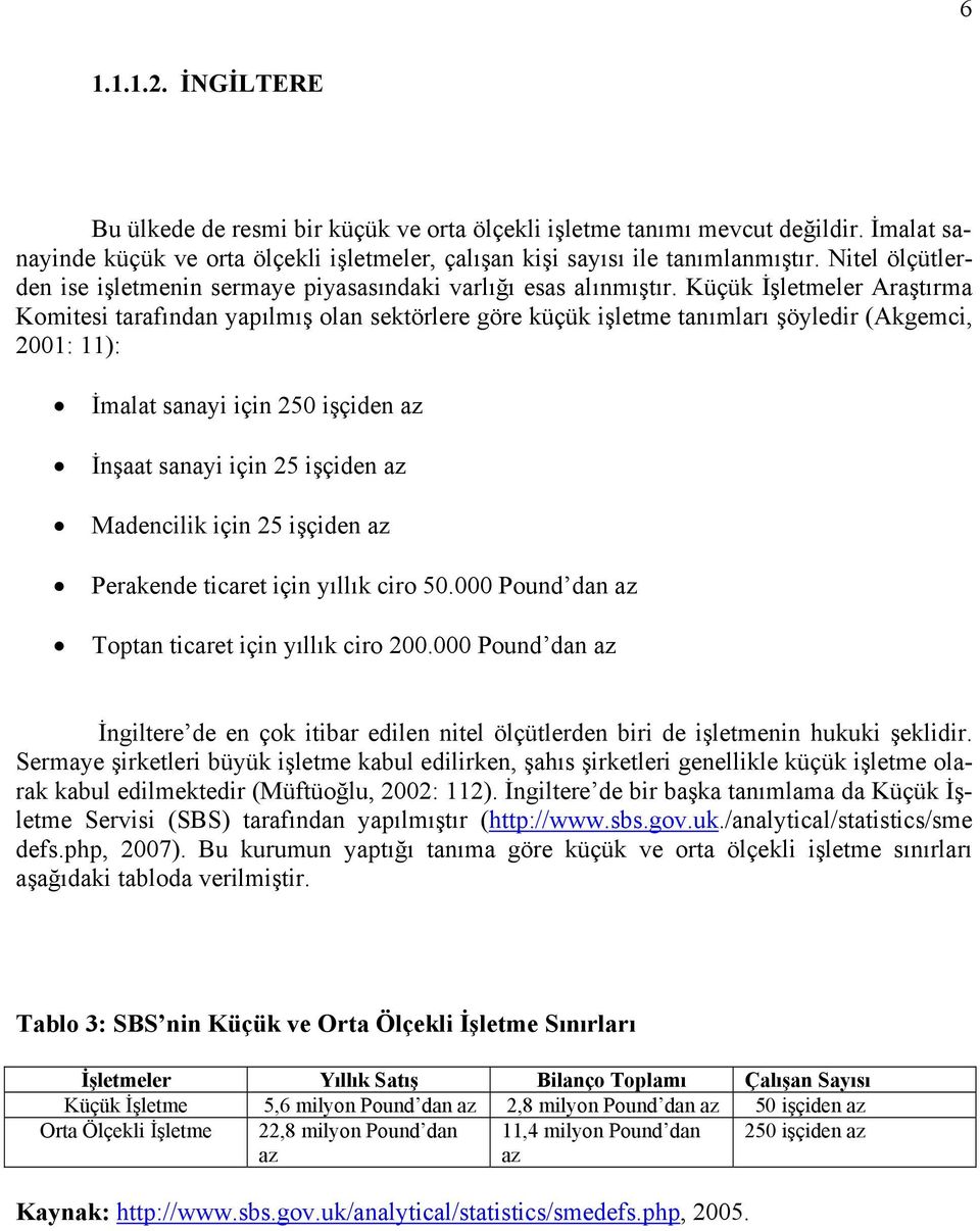 Küçük İşletmeler Araştırma Komitesi tarafından yapılmış olan sektörlere göre küçük işletme tanımları şöyledir (Akgemci, 2001: 11): İmalat sanayi için 250 işçiden az İnşaat sanayi için 25 işçiden az