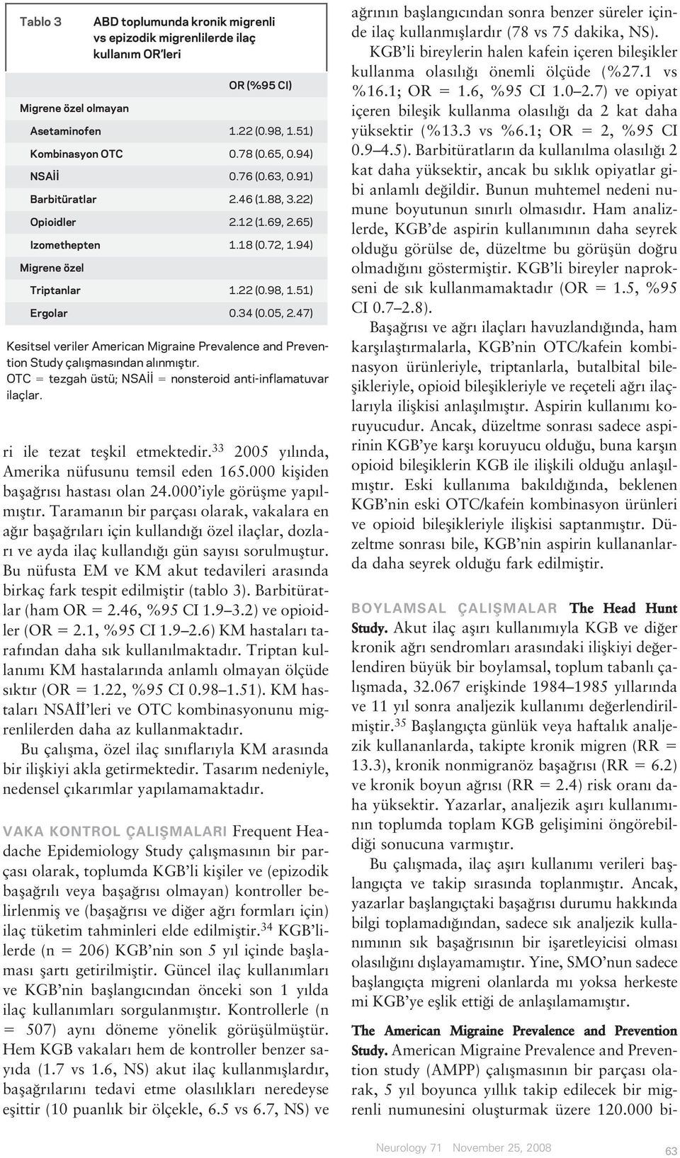 47) Kesitsel veriler American Migraine Prevalence and Prevention Study çalışmasından alınmıştır. OTC = tezgah üstü; NSAİİ = nonsteroid anti-inflamatuvar ilaçlar. ri ile tezat teflkil etmektedir.