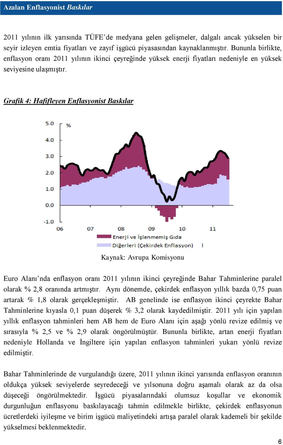 Grafik 4: Hafifleyen Enflasyonist Baskılar Kaynak: Avrupa Komisyonu Euro Alanı nda enflasyon oranı 2011 yılının ikinci çeyreğinde Bahar Tahminlerine paralel olarak % 2,8 oranında artmıştır.