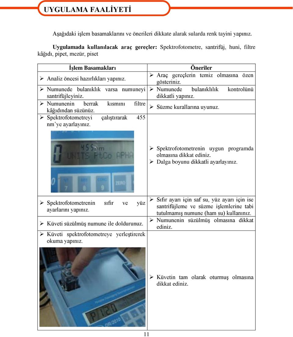 Numunede bulanıklık varsa numuneyi santrifüjleyiniz. Numunenin berrak kısmını filtre kâğıdından süzünüz. Spektrofotometreyi çalıştırarak 455 nm ye ayarlayınız.