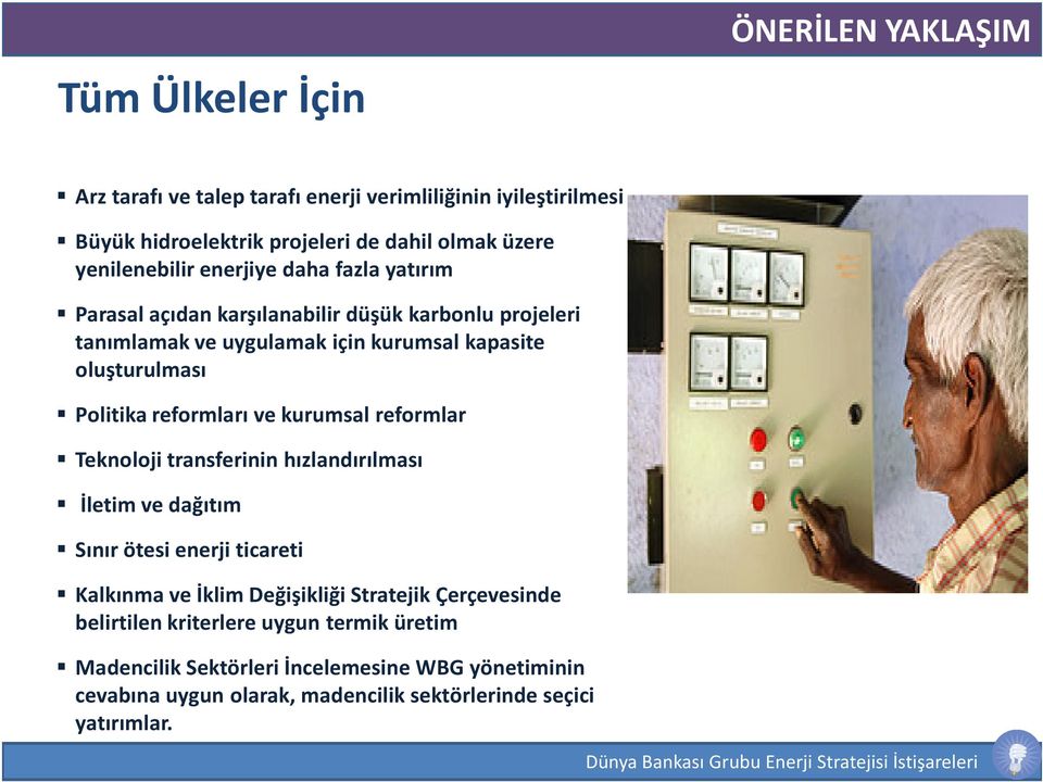 Politika reformları ve kurumsal reformlar Teknoloji transferinin hızlandırılması İletim ve dağıtım Sınır ötesi enerji ticareti Kalkınma ve İklim Değişikliği