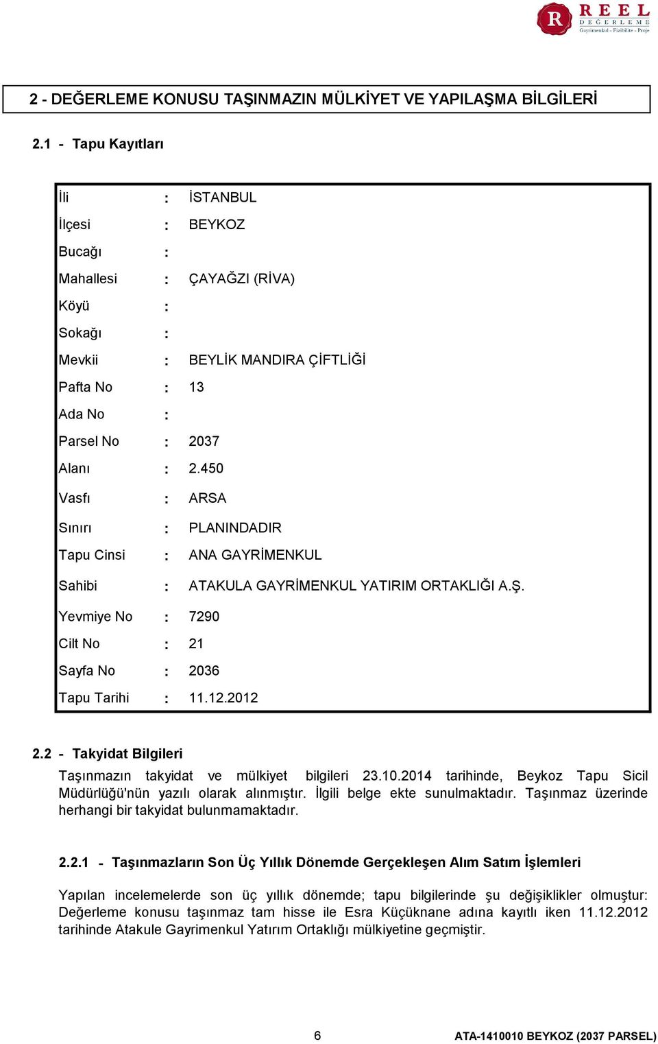 BEYLİK MANDIRA ÇİFTLİĞİ 13 2037 2.450 ARSA PLANINDADIR ANA GAYRİMENKUL ATAKULA GAYRİMENKUL YATIRIM ORTAKLIĞI A.Ş. 7290 21 2036 11.12.2012 2.