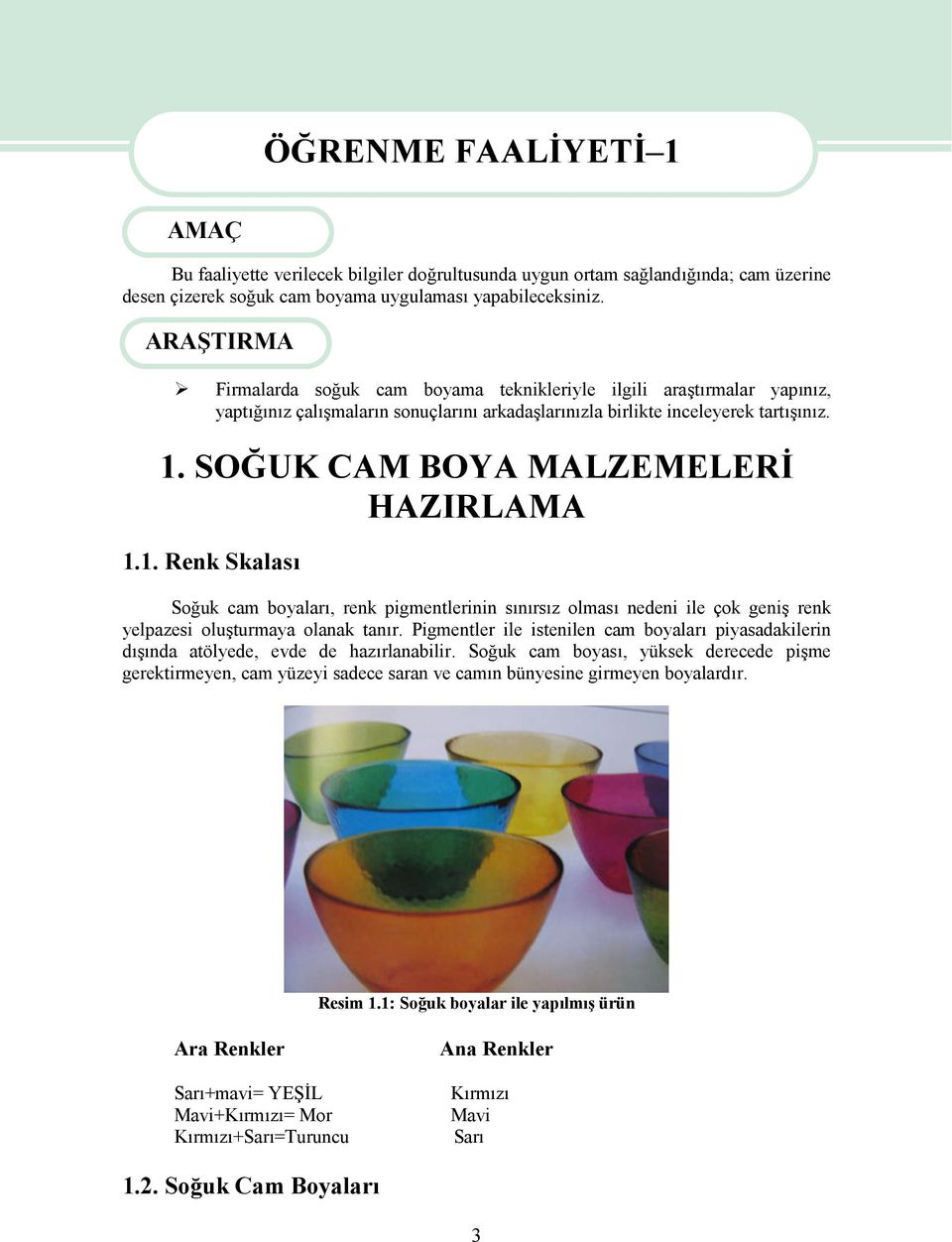 SOĞUK CAM BOYA MALZEMELERİ HAZIRLAMA 1.1. Renk Skalası Soğuk cam boyaları, renk pigmentlerinin sınırsız olması nedeni ile çok geniş renk yelpazesi oluşturmaya olanak tanır.