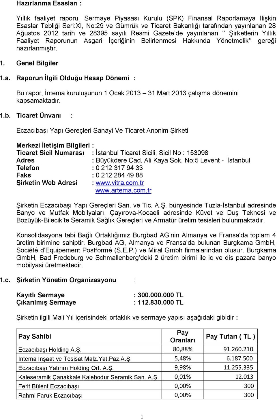 1.b. Ticaret Ünvanı : Eczacıbaşı Yapı Gereçleri Sanayi Ve Ticaret Anonim Şirketi Merkezi İletişim Bilgileri : Ticaret Sicil Numarası : İstanbul Ticaret Sicili, Sicil No : 153098 Adres : Büyükdere Cad.