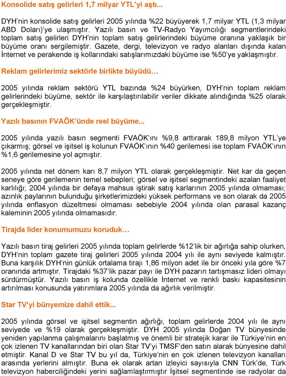 Gazete, dergi, televizyon ve radyo alanları dışında kalan İnternet ve perakende iş kollarındaki satışlarımızdaki büyüme ise %50 ye yaklaşmıştır.