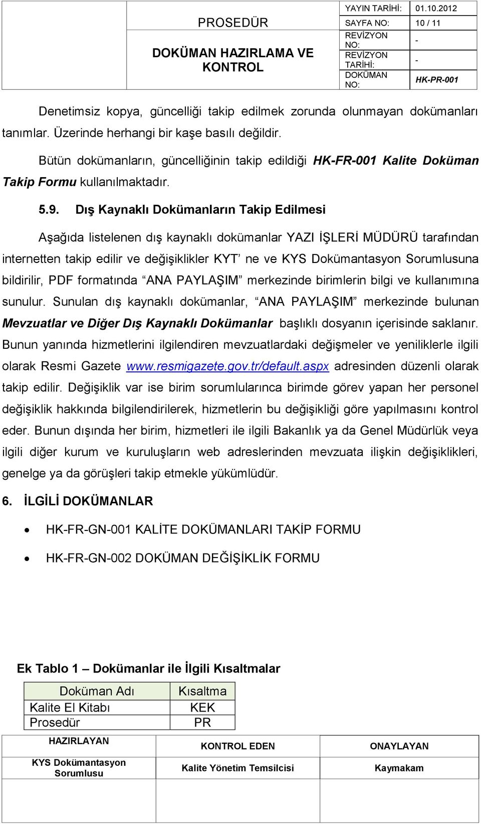 Dış Kaynaklı Dokümanların Takip Edilmesi AĢağıda listelenen dıģ kaynaklı dokümanlar YAZI ĠġLERĠ MÜDÜRÜ tarafından internetten takip edilir ve değiģiklikler KYT ne ve na bildirilir, PDF formatında ANA