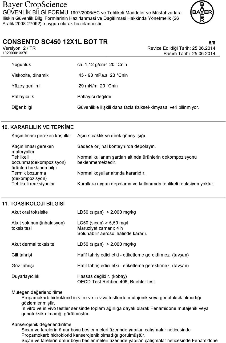 KARARLILIK VE TEPKİME Kaçınılması gereken koşullar Kaçınılması gereken materyaller Tehlikeli bozunma(dekompozisyon) ürünleri hakkında bilgi Termik bozunma (dekompozisyon) Tehlikeli reaksiyonlar Aşırı