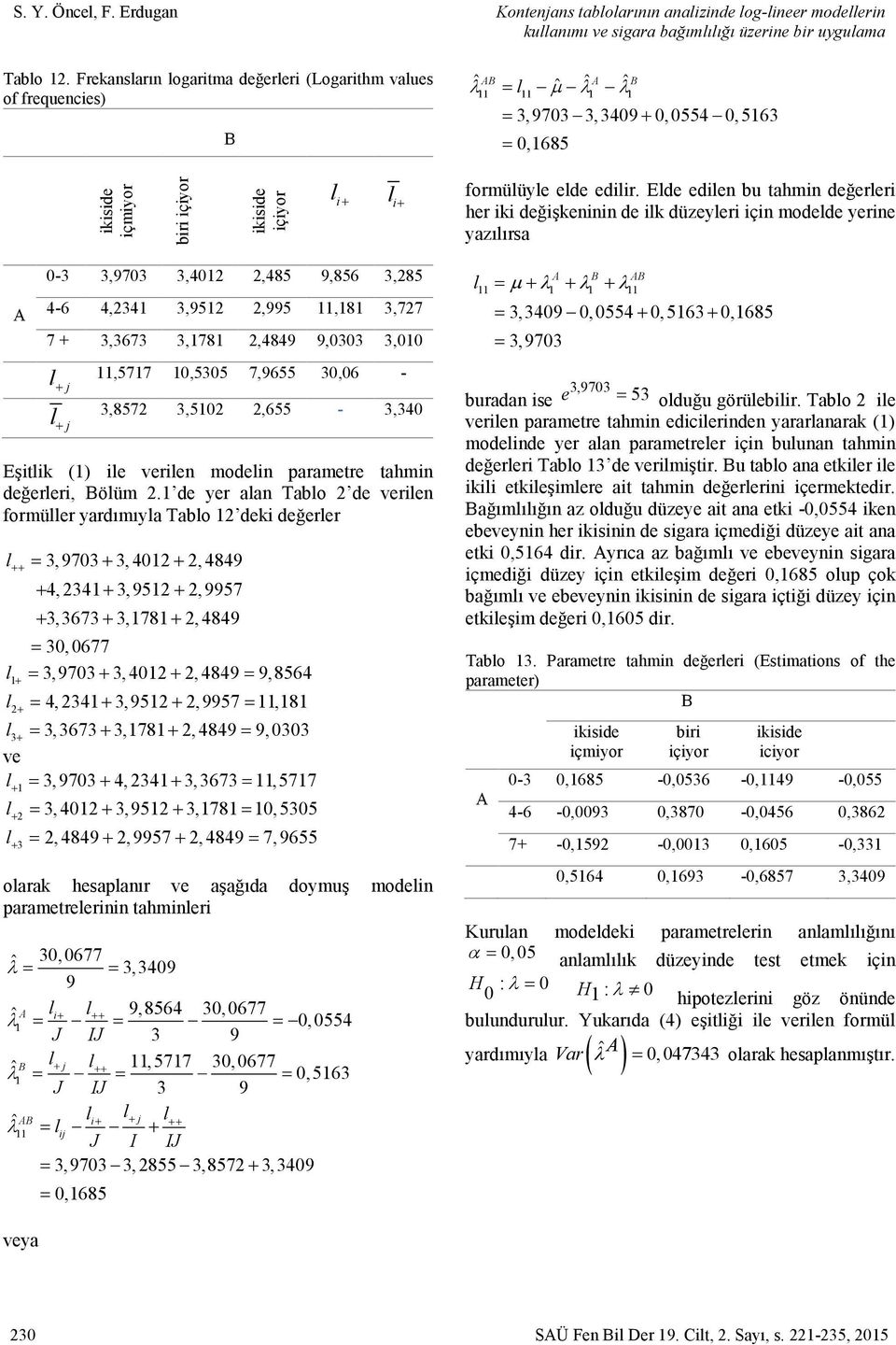 Elde edilen bu tahmin değerleri her iki değişkeninin de ilk düzeyleri için modelde yerine yazılırsa 0-,970,401,485 9,856,85 4-6 4,41,951,995 11,181,77 7 +,67,1781,4849 9,00,010 l j l j 11,5717 10,505