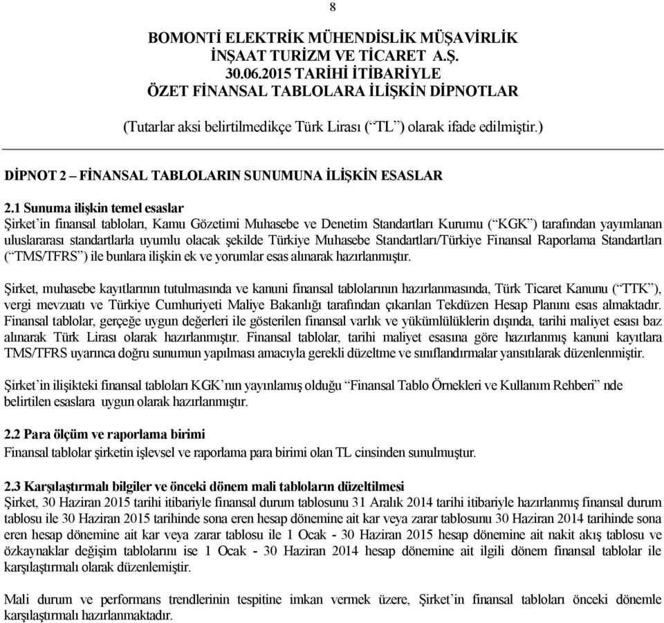 Türkiye Muhasebe Standartları/Türkiye Finansal Raporlama Standartları ( TMS/TFRS ) ile bunlara ilişkin ek ve yorumlar esas alınarak hazırlanmıştır.