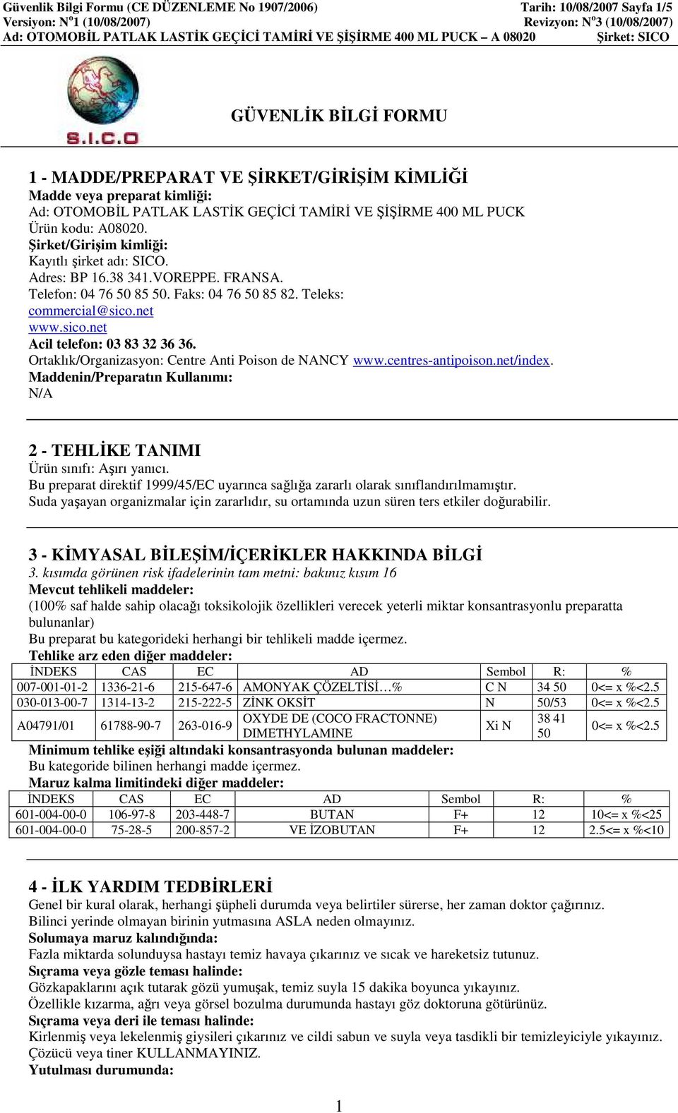 Şirket/Girişim kimliği: Kayıtlı şirket adı: SICO. Adres: BP 16.38 341.VOREPPE. FRANSA. Telefon: 04 76 50 85 50. Faks: 04 76 50 85 82. Teleks: commercial@sico.net www.sico.net Acil telefon: 03 83 32 36 36.