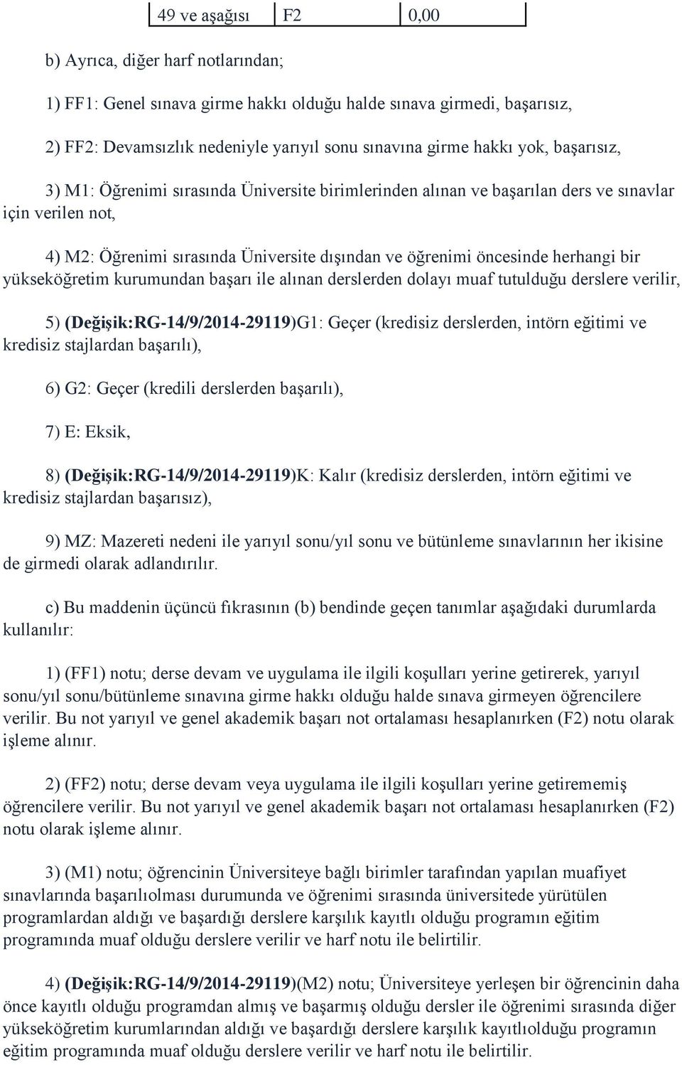 yükseköğretim kurumundan başarı ile alınan derslerden dolayı muaf tutulduğu derslere verilir, 5) (Değişik:RG-14/9/2014-29119)G1: Geçer (kredisiz derslerden, intörn eğitimi ve kredisiz stajlardan