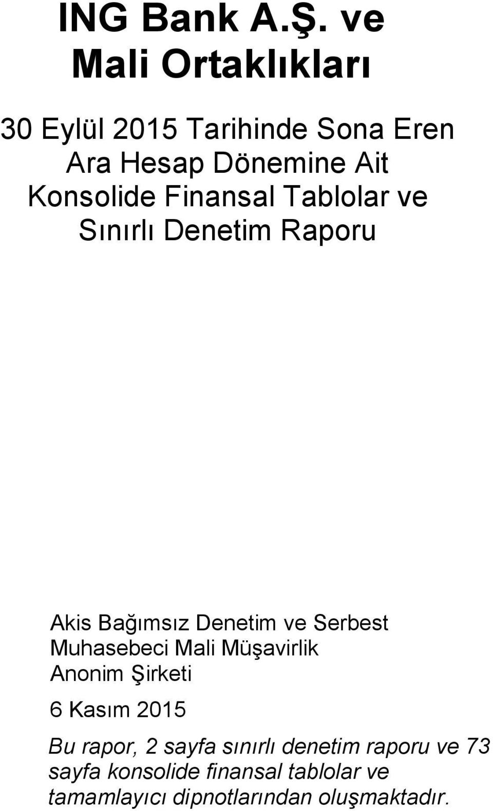 Finansal Tablolar ve Sınırlı Denetim Raporu Akis Bağımsız Denetim ve Serbest Muhasebeci