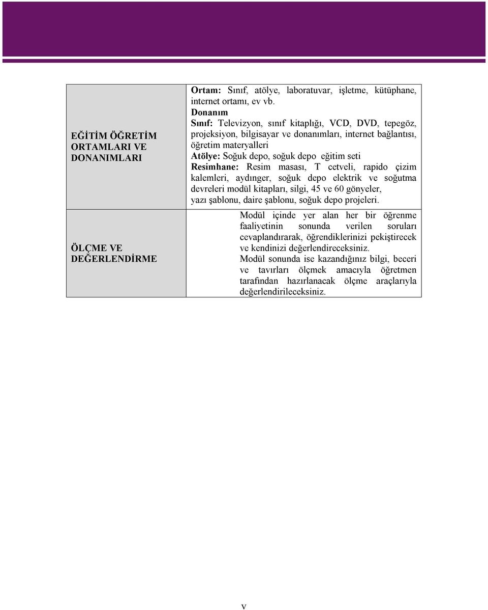 Resim masası, T cetveli, rapido çizim kalemleri, aydınger, soğuk depo elektrik ve soğutma devreleri modül kitapları, silgi, 45 ve 60 gönyeler, yazı şablonu, daire şablonu, soğuk depo projeleri.