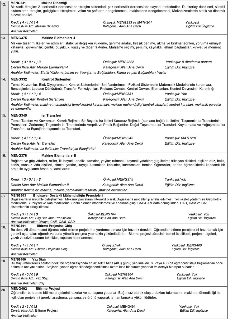 Kredi: ( 4 / 1 / 0 ) 4 Önkoşul: MENG233 ve MATH201 Yankoşul: Dersin Kısa Adı: Makina Dinamiği Kategorisi: Alan Ana Dersi Eğitim Dili: İngilizce 13.
