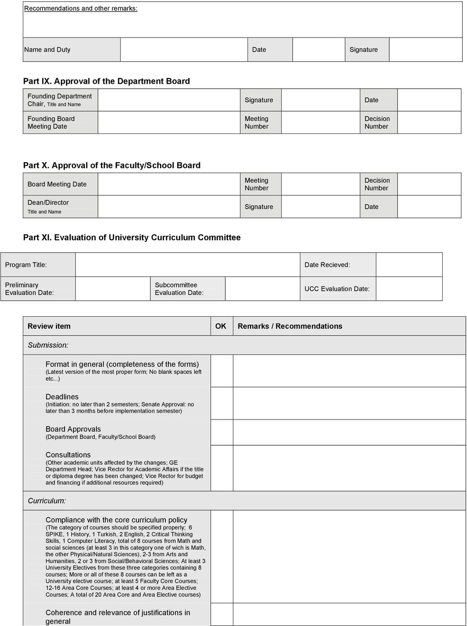 Approval of the Faculty/School Board Board Meeting Date Dean/Director Title and Name Meeting Number Signature Decision Number Date Part XI.