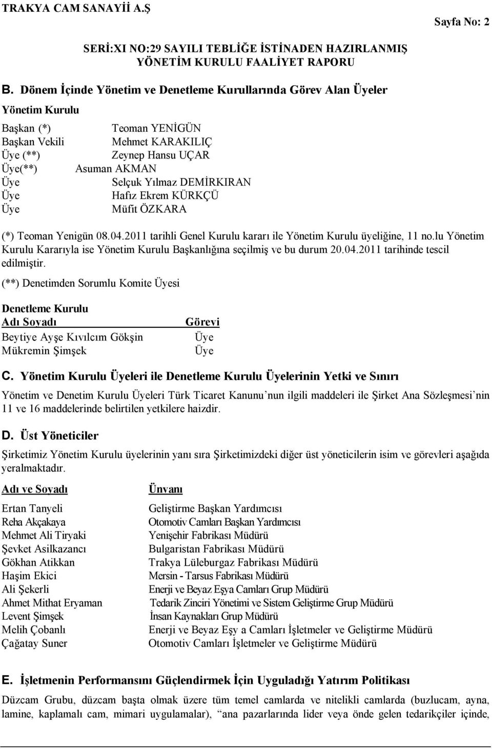 Selçuk Yılmaz DEMİRKIRAN Hafız Ekrem KÜRKÇÜ Müfit ÖZKARA (*) Teoman Yenigün 08.04.2011 tarihli Genel Kurulu kararı ile Yönetim Kurulu üyeliğine, 11 no.