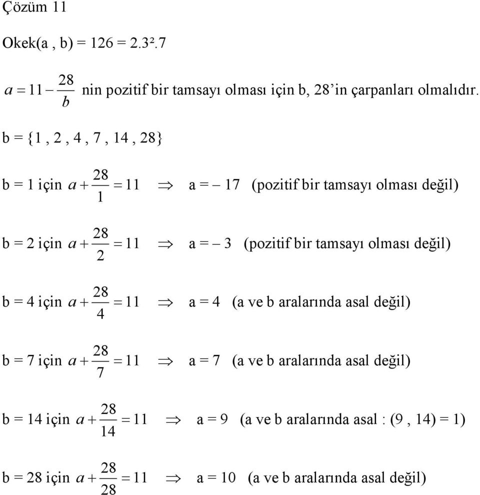 tamsayı olması değil) 8 b için a + 11 a (a ve b aralarında asal değil) 8 b 7 için a + 11 a 7 (a ve b aralarında