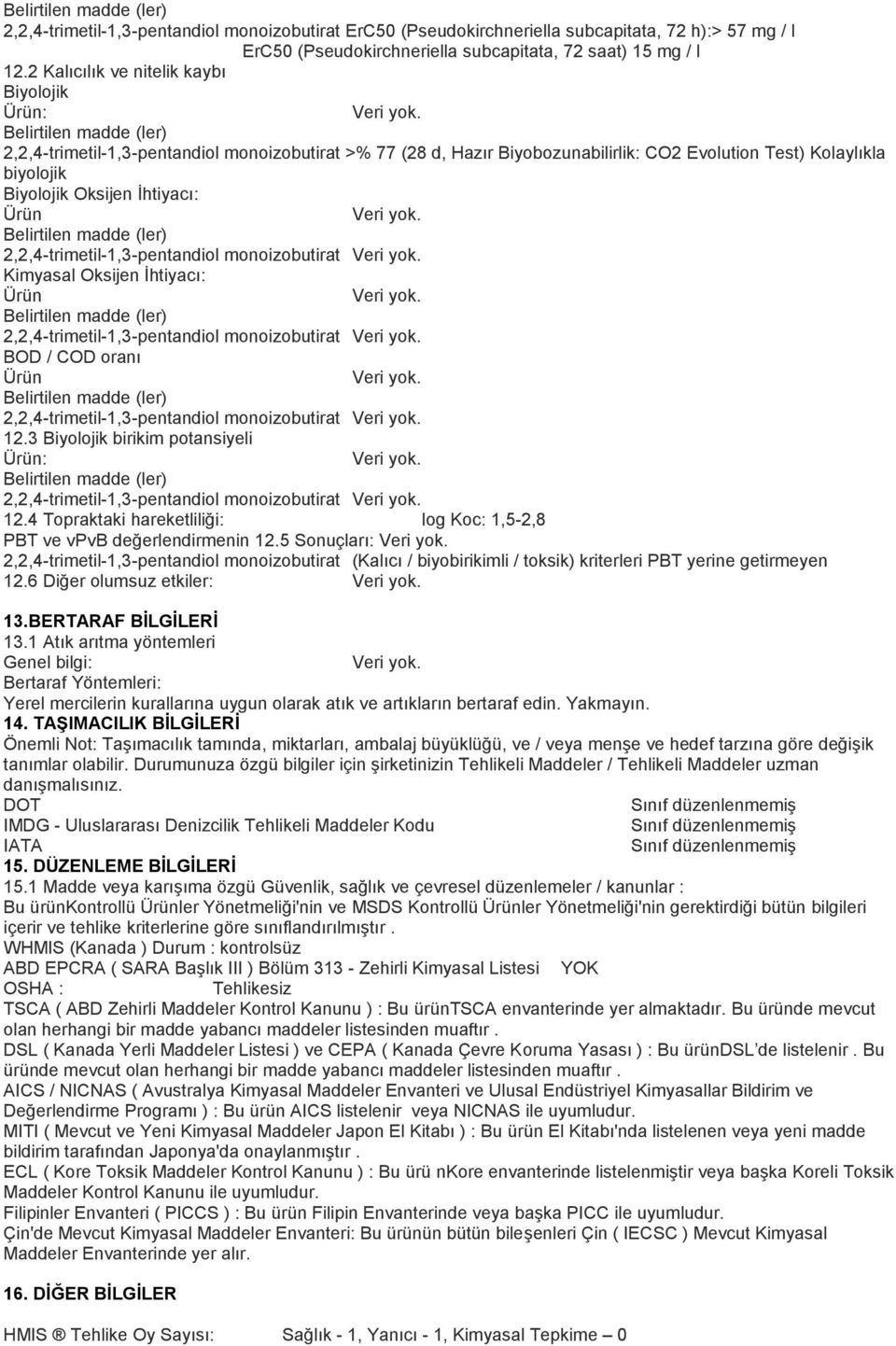 2,2,4-trimetil-1,3-pentandiol monoizobutirat Kimyasal Oksijen İhtiyacı: Ürün 2,2,4-trimetil-1,3-pentandiol monoizobutirat BOD / COD oranı Ürün 2,2,4-trimetil-1,3-pentandiol monoizobutirat 12.