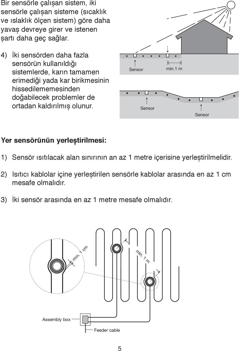 kaldırılmıș olunur. Sensor Sensor min.1 m Sensor Yer sensörünün yerleștirilmesi: 1) Sensör ısıtılacak alan sınırının an az 1 metre içerisine yerleștirilmelidir.