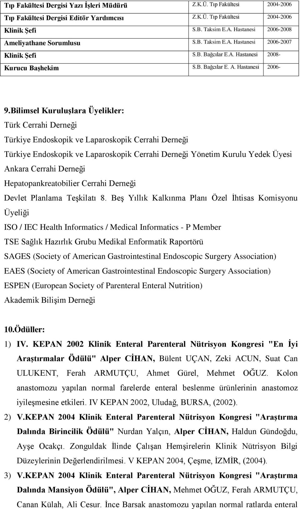 Bilimsel Kuruluşlara Üyelikler: Türk Cerrahi Derneği Türkiye Endoskopik ve Laparoskopik Cerrahi Derneği Türkiye Endoskopik ve Laparoskopik Cerrahi Derneği Yönetim Kurulu Yedek Üyesi Ankara Cerrahi