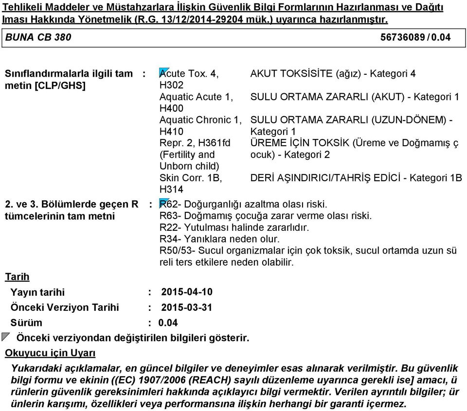 4, AKUT TOKSİSİTE (ağız) Kategori 4 H302 Aquatic Acute 1, SULU ORTAMA ZARARLI (AKUT) Kategori 1 H400 Aquatic Chronic 1, H410 SULU ORTAMA ZARARLI (UZUNDÖNEM) Kategori 1 Repr.