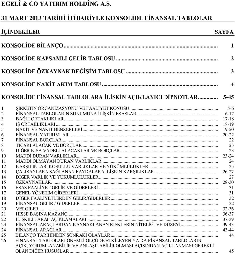 .. 18-19 5 NAKİT VE NAKİT BENZERLERİ... 19-20 6 FİNANSAL YATIRIMLAR... 20-22 7 FİNANSAL BORÇLAR... 22 8 TİCARİ ALACAK VE BORÇLAR... 23 9 DİĞER KISA VADELİ ALACAKLAR VE BORÇLAR.