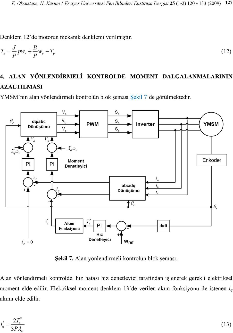 V a S a d/abc Dönüşümü V b V c PWM S b S c nvete YMSM V d V λ * ω - PI PI λ * dω Moment Denetleyc Enkode d - - abc/d Dönüşümü a b c * = d * Akım Fonksyonu * T e PI Hız