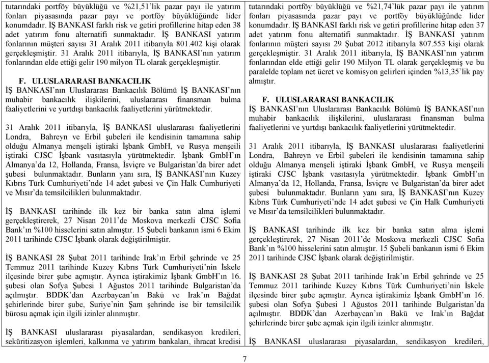 402 kişi olarak gerçekleşmiştir. 31 Aralık 2011 itibarıyla, İŞ BANKASI nın yatırım fonlarından elde ettiği gelir 190 milyon TL olarak gerçekleşmiştir. F.