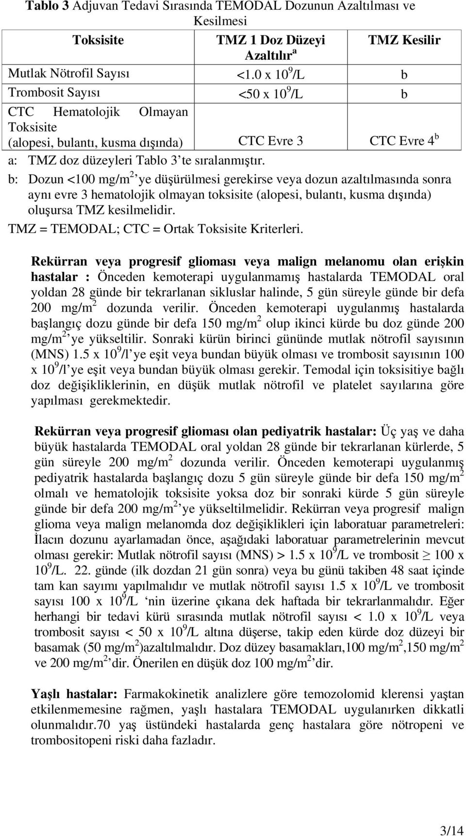 b: Dozun <100 mg/m 2 ye düşürülmesi gerekirse veya dozun azaltılmasında sonra aynı evre 3 hematolojik olmayan toksisite (alopesi, bulantı, kusma dışında) oluşursa TMZ kesilmelidir.