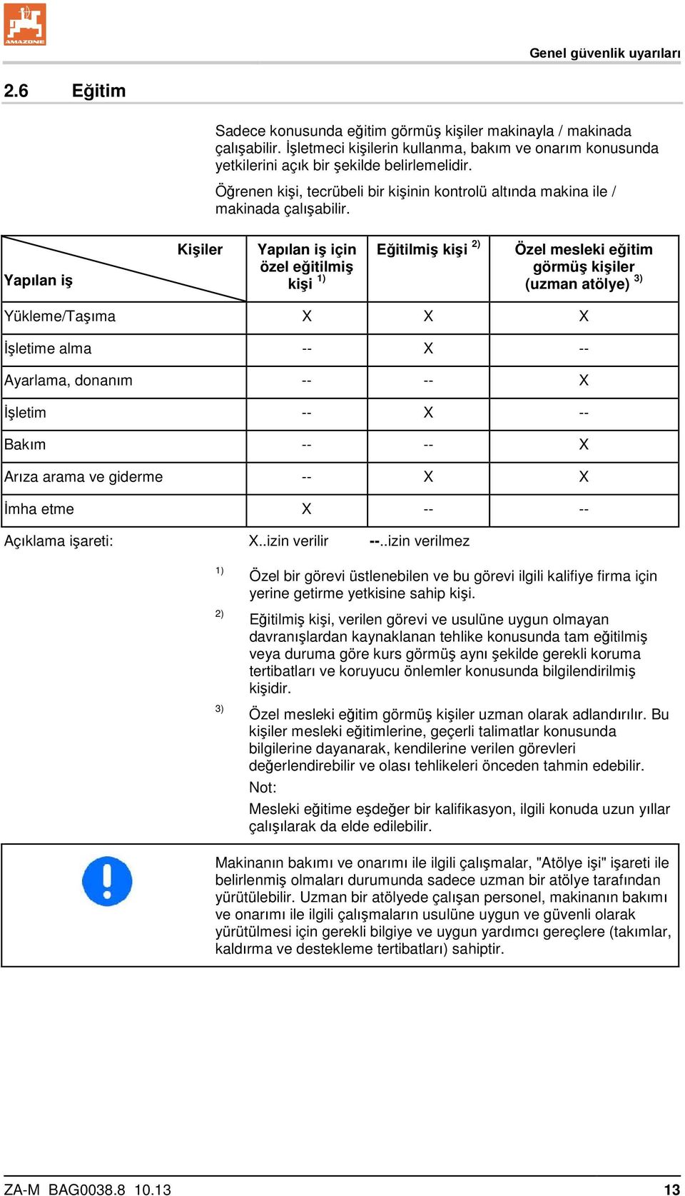 Yapılan iş Kişiler Yapılan iş için özel eğitilmiş kişi 1) Eğitilmiş kişi 2) Özel mesleki eğitim görmüş kişiler (uzman atölye) 3) Yükleme/Taşıma X X X İşletime alma -- X -- Ayarlama, donanım -- -- X