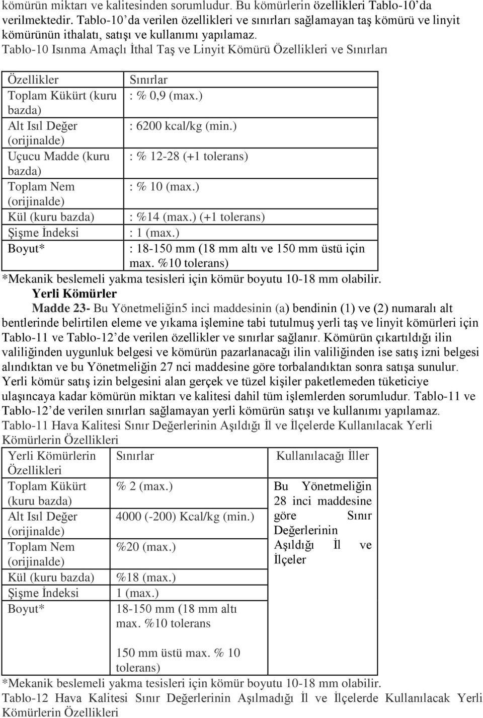 Tablo-10 Isınma Amaçlı İthal Taş ve Linyit Kömürü Özellikleri ve Sınırları Özellikler Toplam Kükürt (kuru bazda) Alt Isıl Değer (orijinalde) Uçucu Madde (kuru bazda) Toplam Nem (orijinalde) Kül (kuru