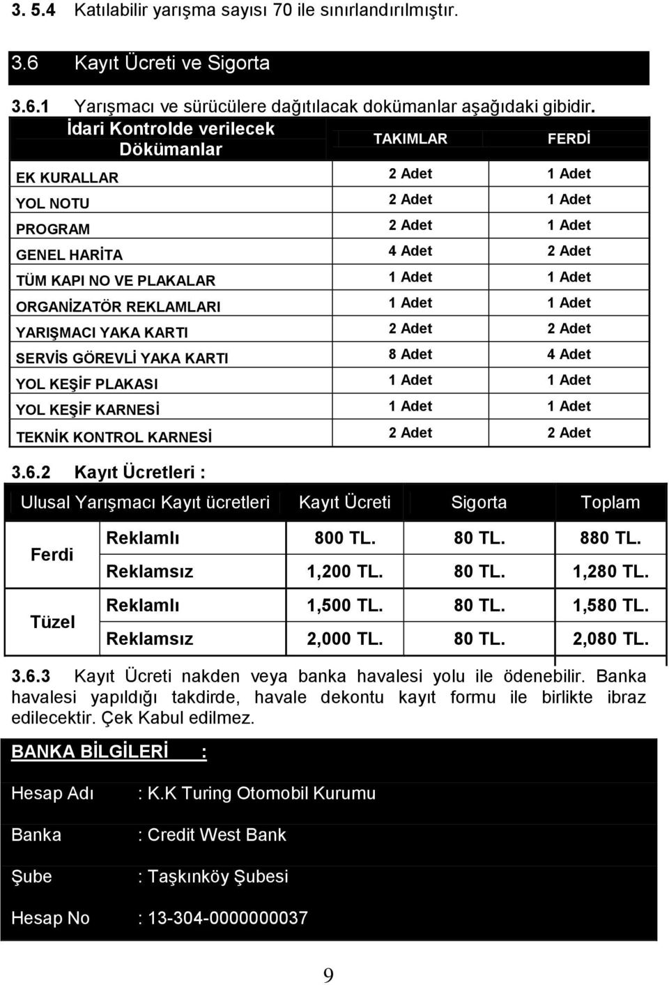 REKLAMLARI 1 Adet 1 Adet YARIŞMACI YAKA KARTI 2 Adet 2 Adet SERVİS GÖREVLİ YAKA KARTI 8 Adet 4 Adet YOL KEŞİF PLAKASI 1 Adet 1 Adet YOL KEŞİF KARNESİ 1 Adet 1 Adet TEKNİK KONTROL KARNESİ 2 Adet 2