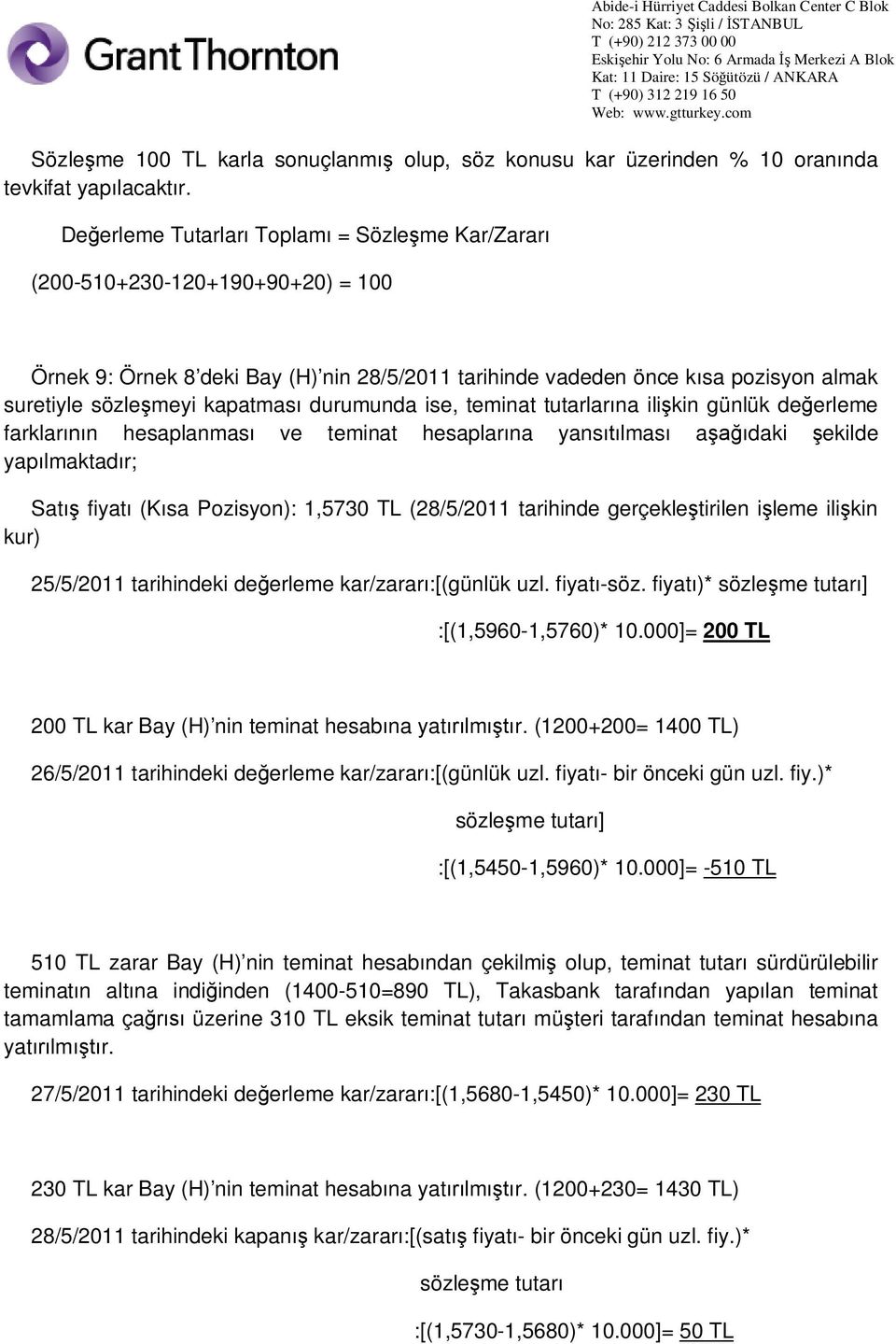 durumunda ise, teminat tutarlar na ili kin günlük de erleme farklar n hesaplanmas ve teminat hesaplar na yans lmas a daki ekilde yap lmaktad r; Sat fiyat (K sa Pozisyon): 1,5730 TL (28/5/2011