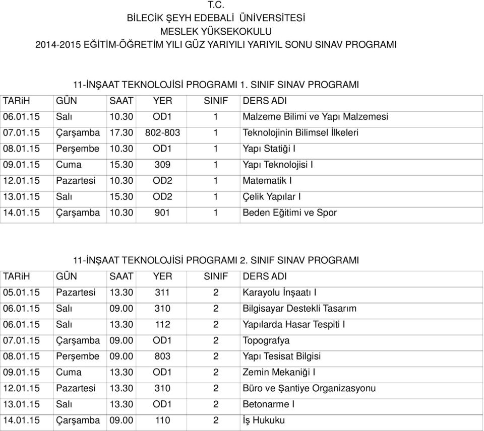 30 901 1 Beden Eğitimi ve Spor 11-İNŞAAT TEKNOLOJİSİ PROGRAMI 2. SINIF SINAV PROGRAMI 05.01.15 Pazartesi 13.30 311 2 Karayolu İnşaatı I 06.01.15 Salı 09.00 310 2 Bilgisayar Destekli Tasarım 06.01.15 Salı 13.